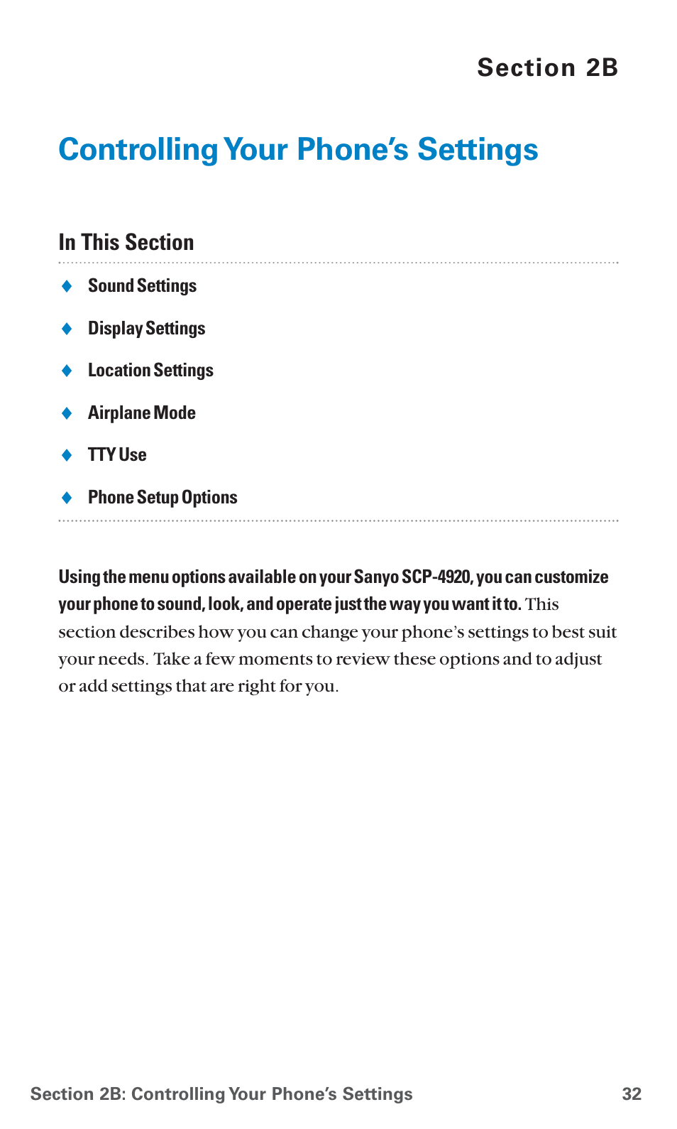 2b. controlling your phone’s settings, Controlling your phone’s settings | Sanyo SCP-4920 User Manual | Page 43 / 230