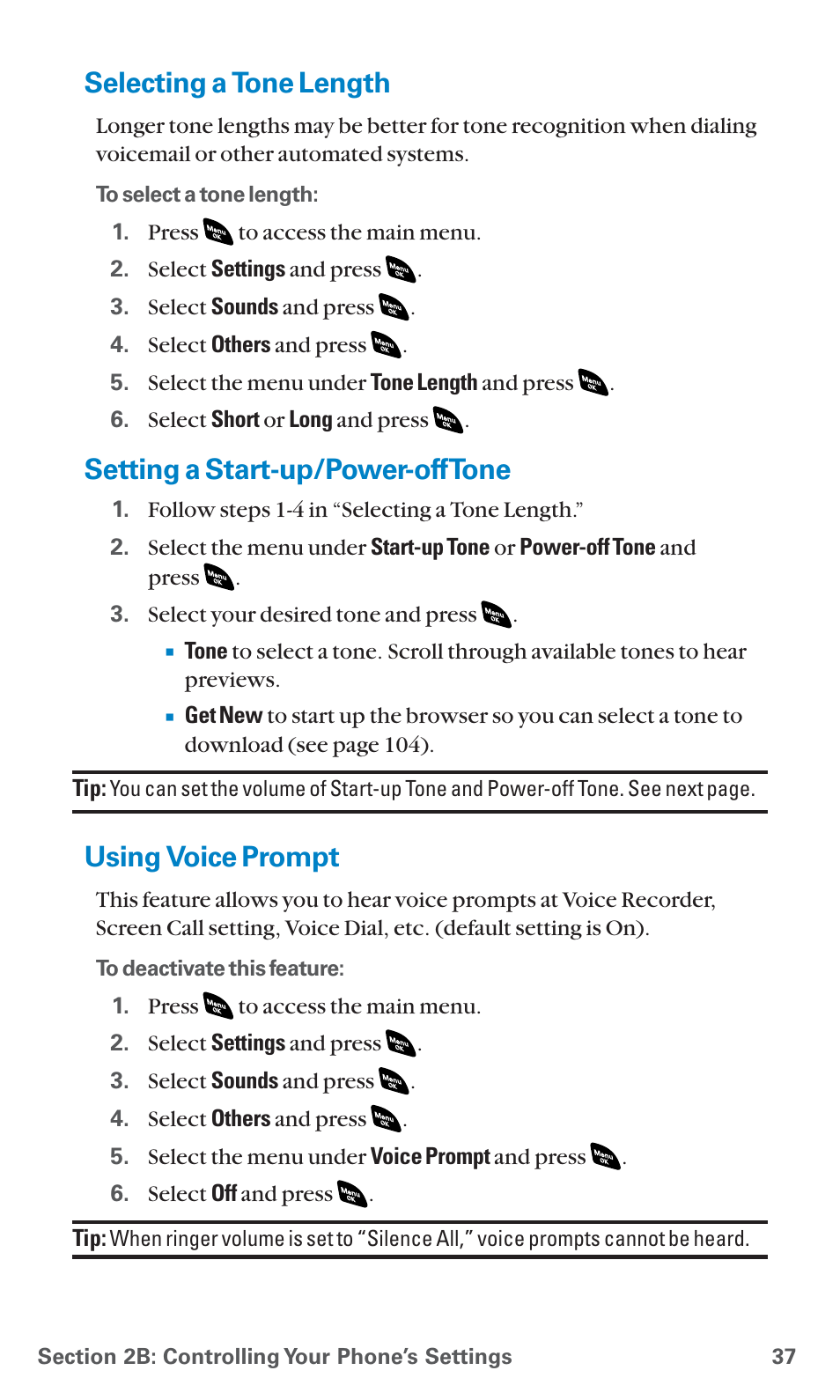 Selecting a tone length, Setting a start-up/power-off tone, Using voice prompt | Sanyo SCP-4920 User Manual | Page 48 / 230