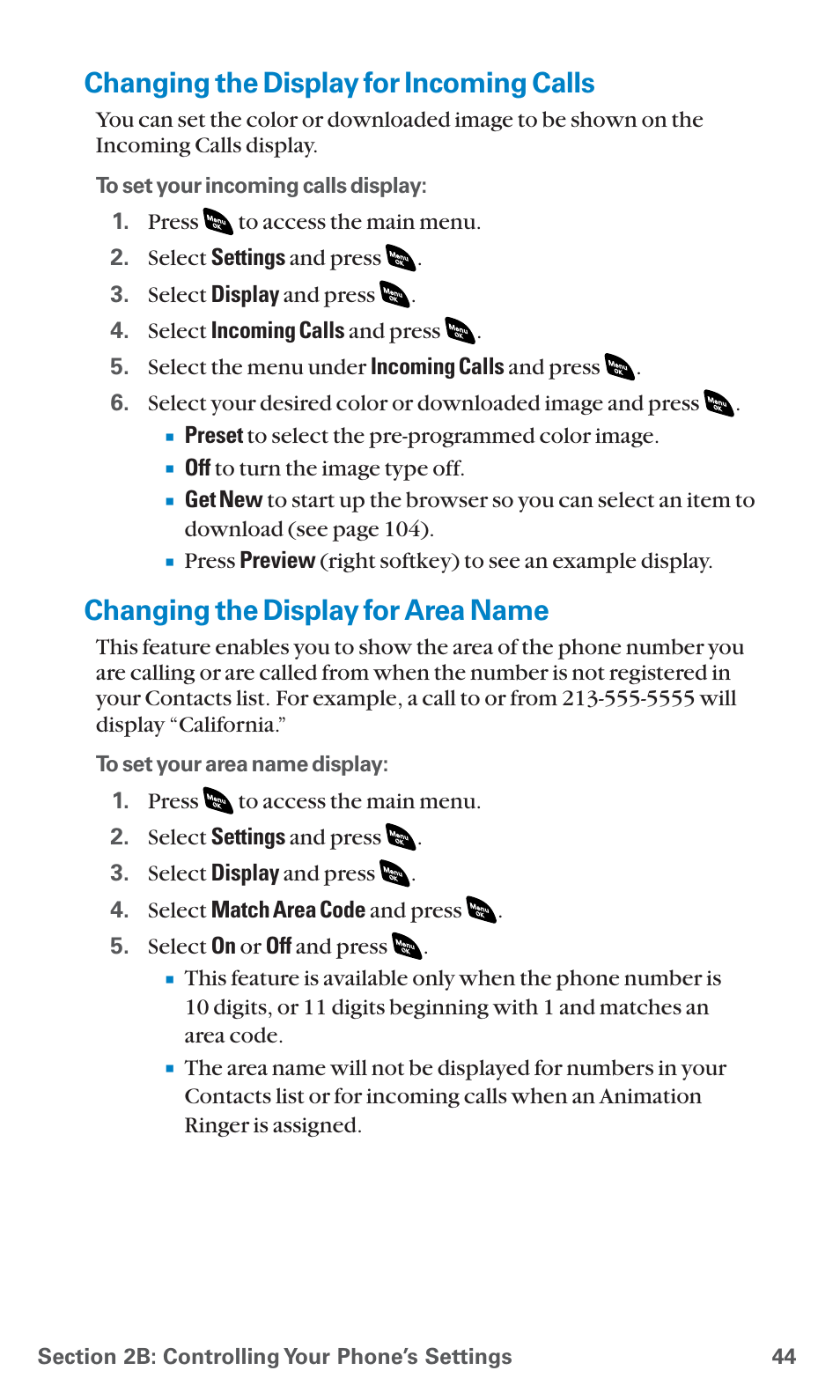 Changing the display for incoming calls, Changing the display for area name | Sanyo SCP-4920 User Manual | Page 55 / 230