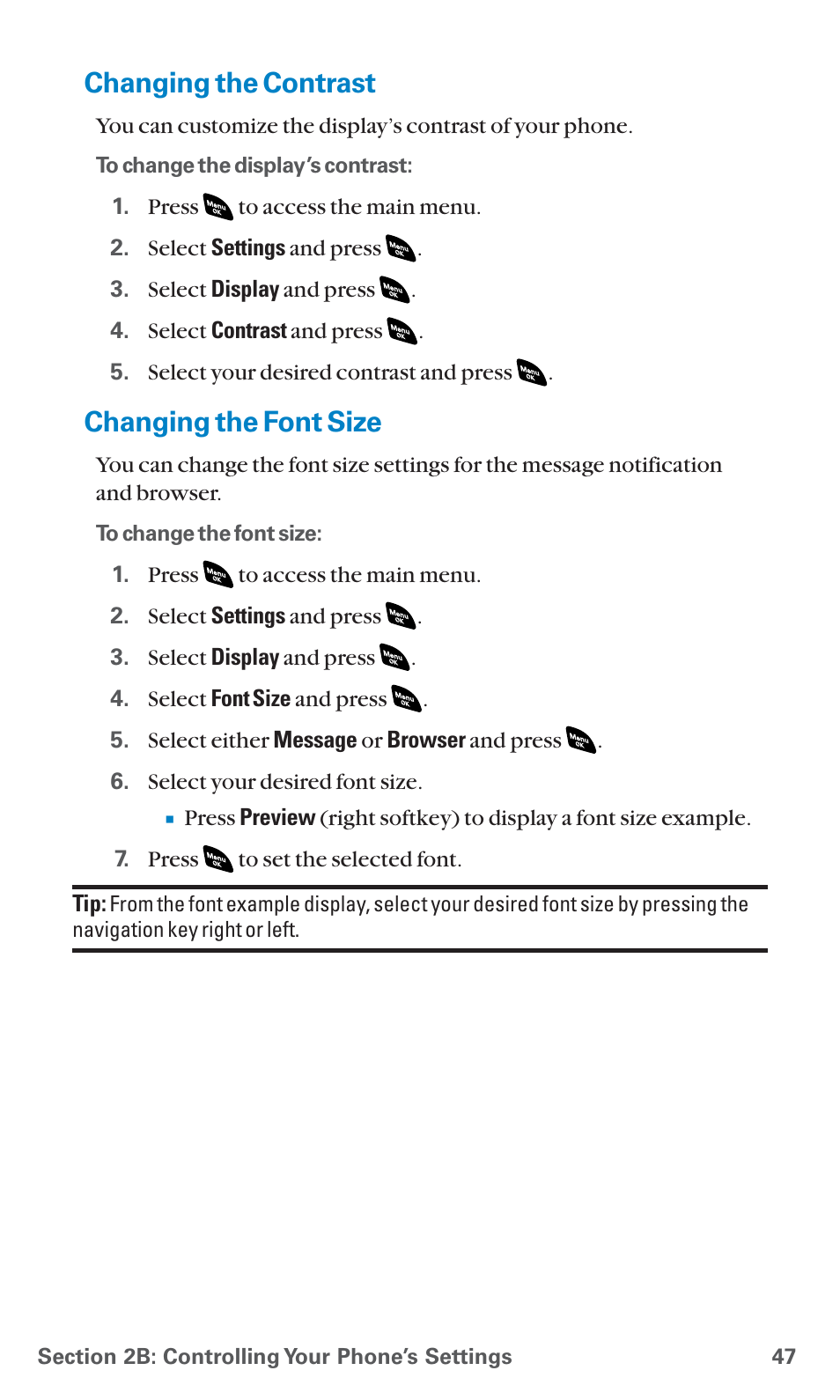 Changing the contrast, Changing the font size | Sanyo SCP-4920 User Manual | Page 58 / 230