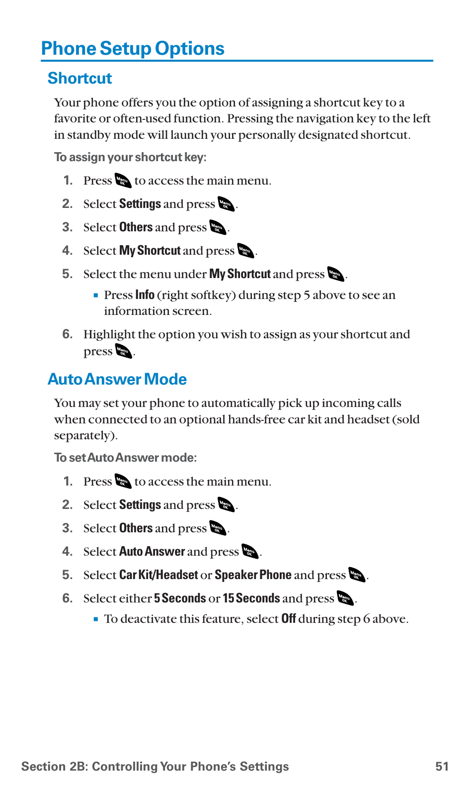 Phone setup options, Shortcut, Auto answer mode | Sanyo SCP-4920 User Manual | Page 62 / 230