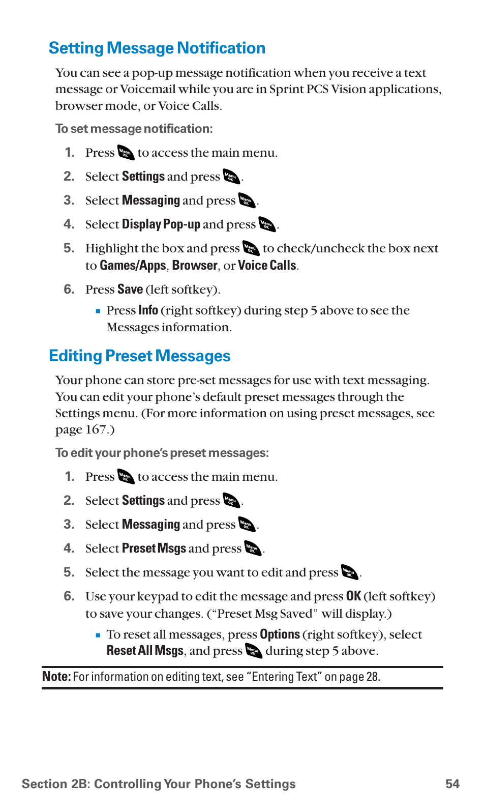 Setting message notification, Editing preset messages | Sanyo SCP-4920 User Manual | Page 65 / 230