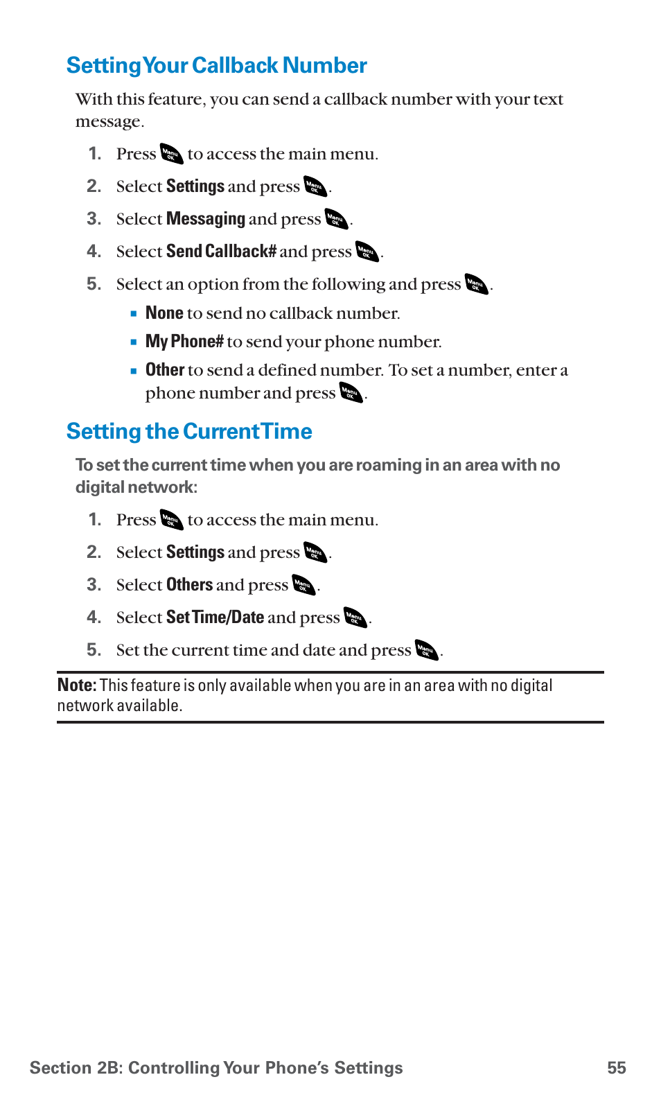 Setting your callback number, Setting the current time | Sanyo SCP-4920 User Manual | Page 66 / 230