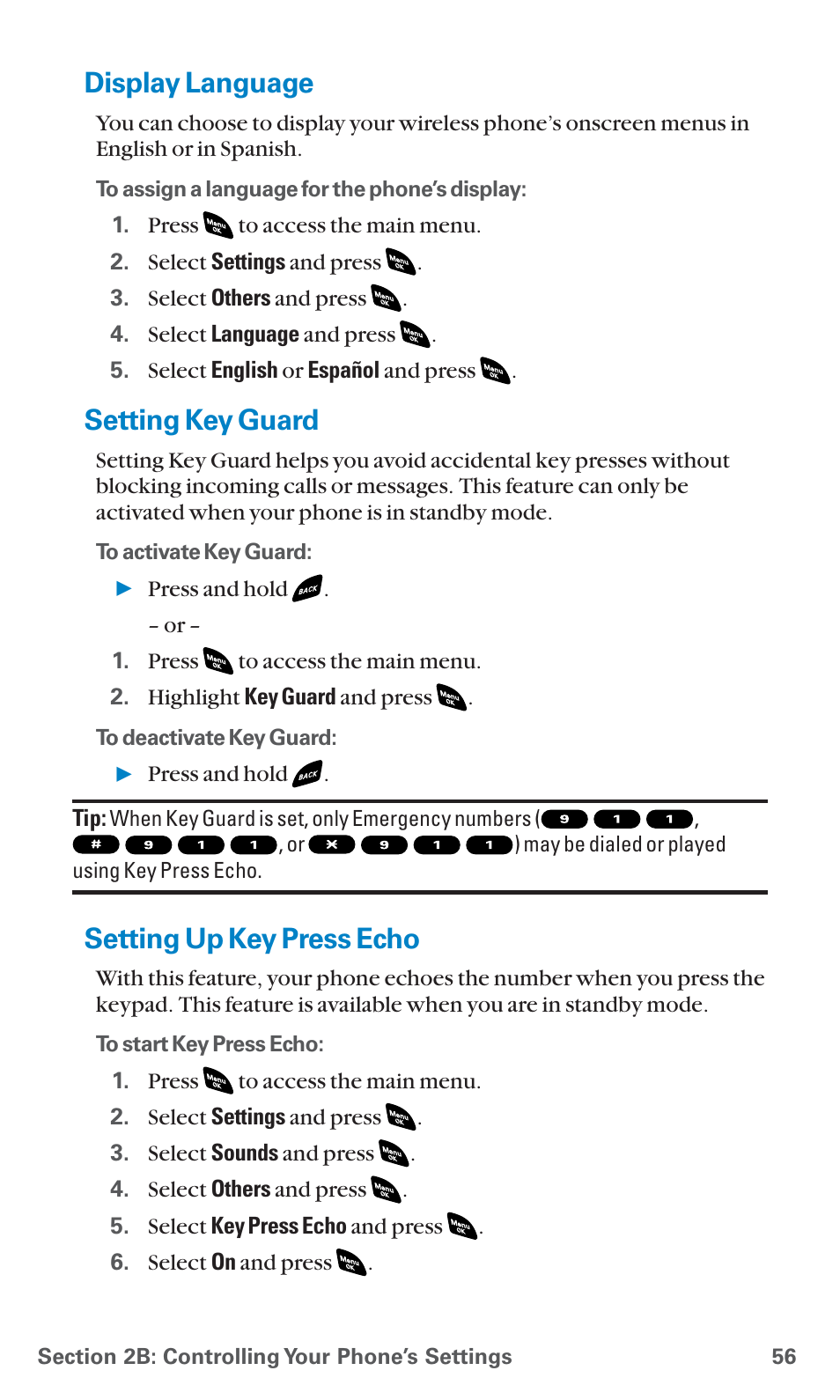 Display language, Setting key guard, Setting up key press echo | Sanyo SCP-4920 User Manual | Page 67 / 230