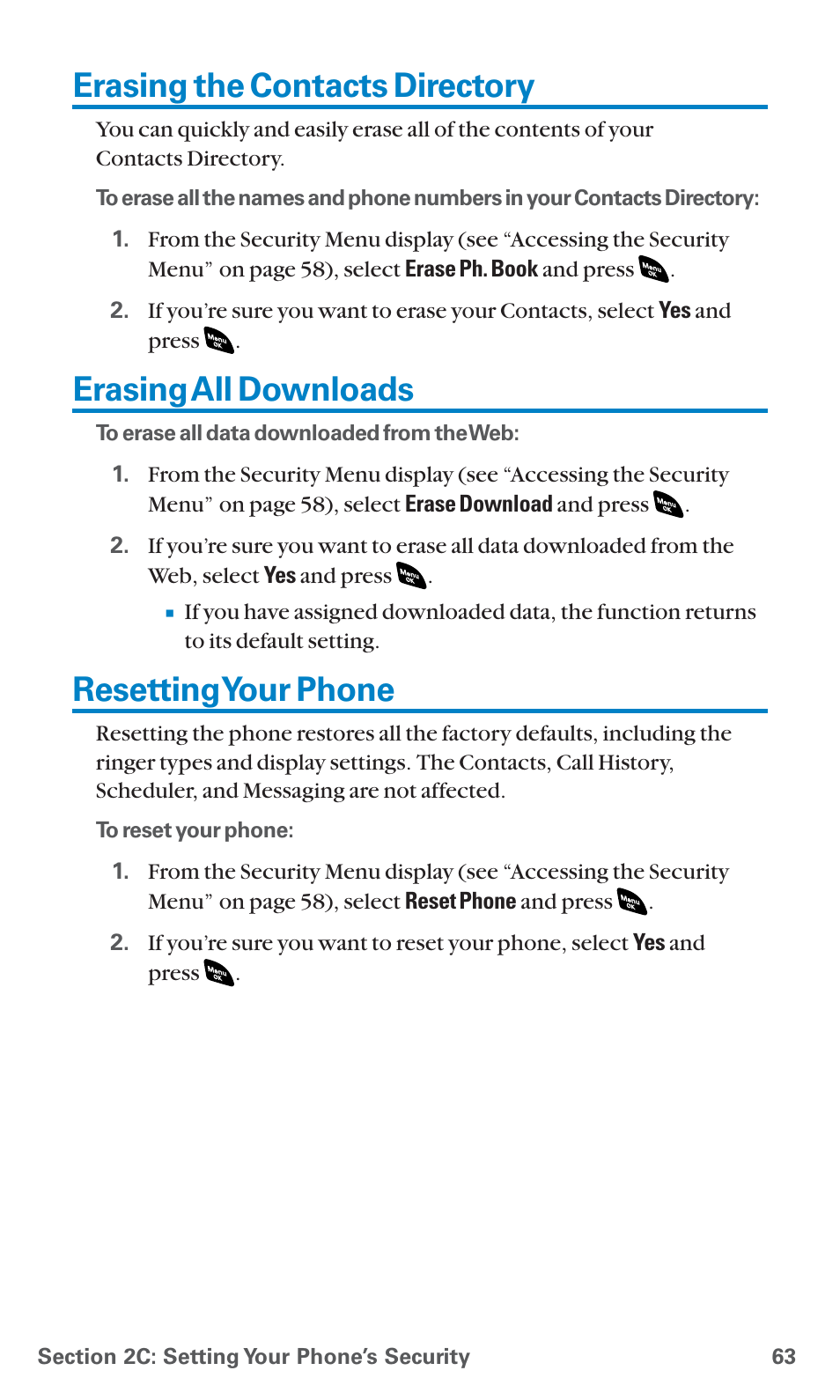 Erasing the contacts directory, Erasing all downloads, Resetting your phone | Erasingall downloads, Resettingyour phone | Sanyo SCP-4920 User Manual | Page 74 / 230