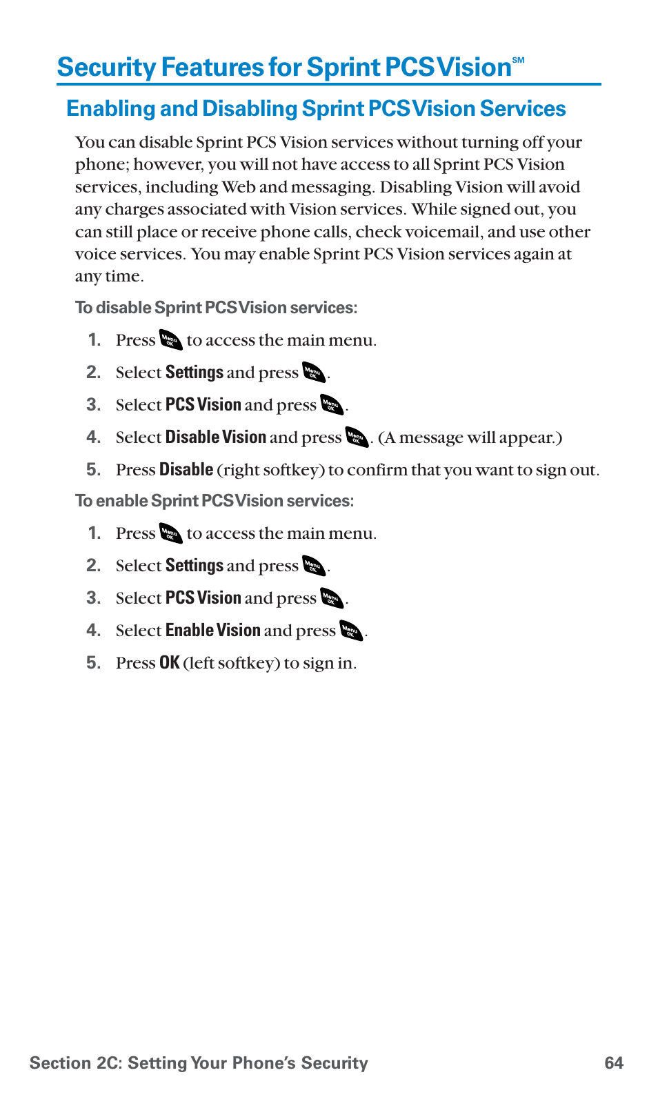 Security features for sprint pcs vision, Enabling and disabling sprint pcs vision services | Sanyo SCP-4920 User Manual | Page 75 / 230