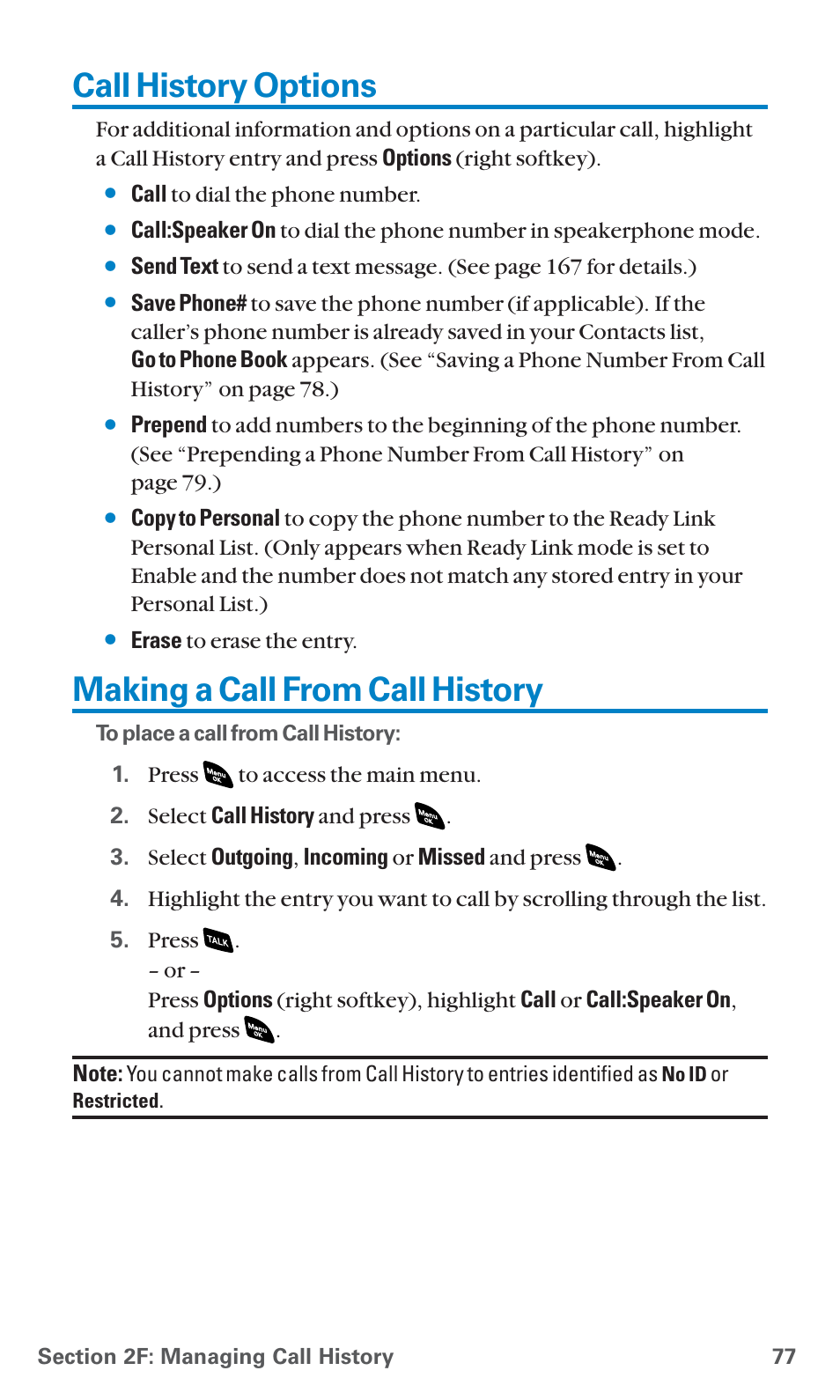 Call history options, Making a call from call history | Sanyo SCP-4920 User Manual | Page 88 / 230