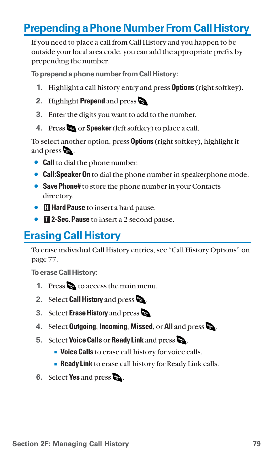 Prepending a phone number from call history, Erasing call history | Sanyo SCP-4920 User Manual | Page 90 / 230