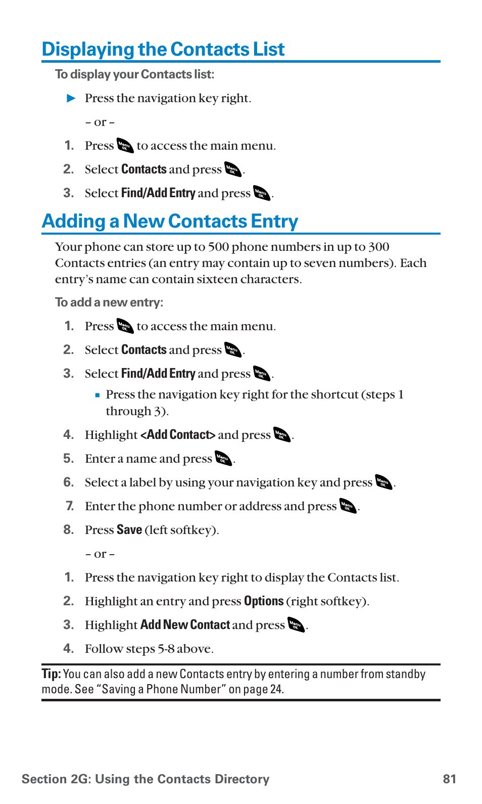 Displaying the contacts list, Adding a new contacts entry | Sanyo SCP-4920 User Manual | Page 92 / 230