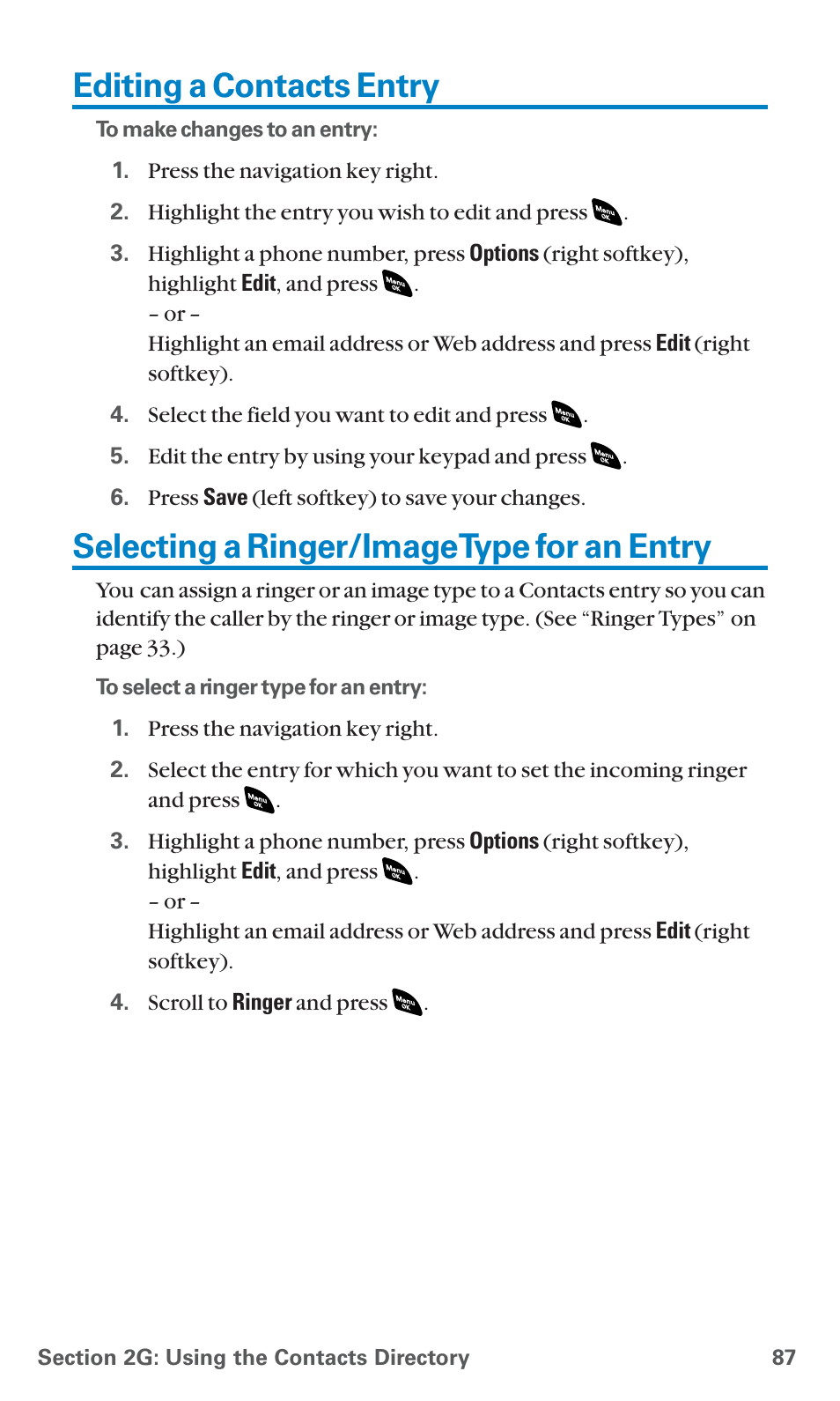 Editing a contacts entry, Selecting a ringer/image type for an entry | Sanyo SCP-4920 User Manual | Page 98 / 230