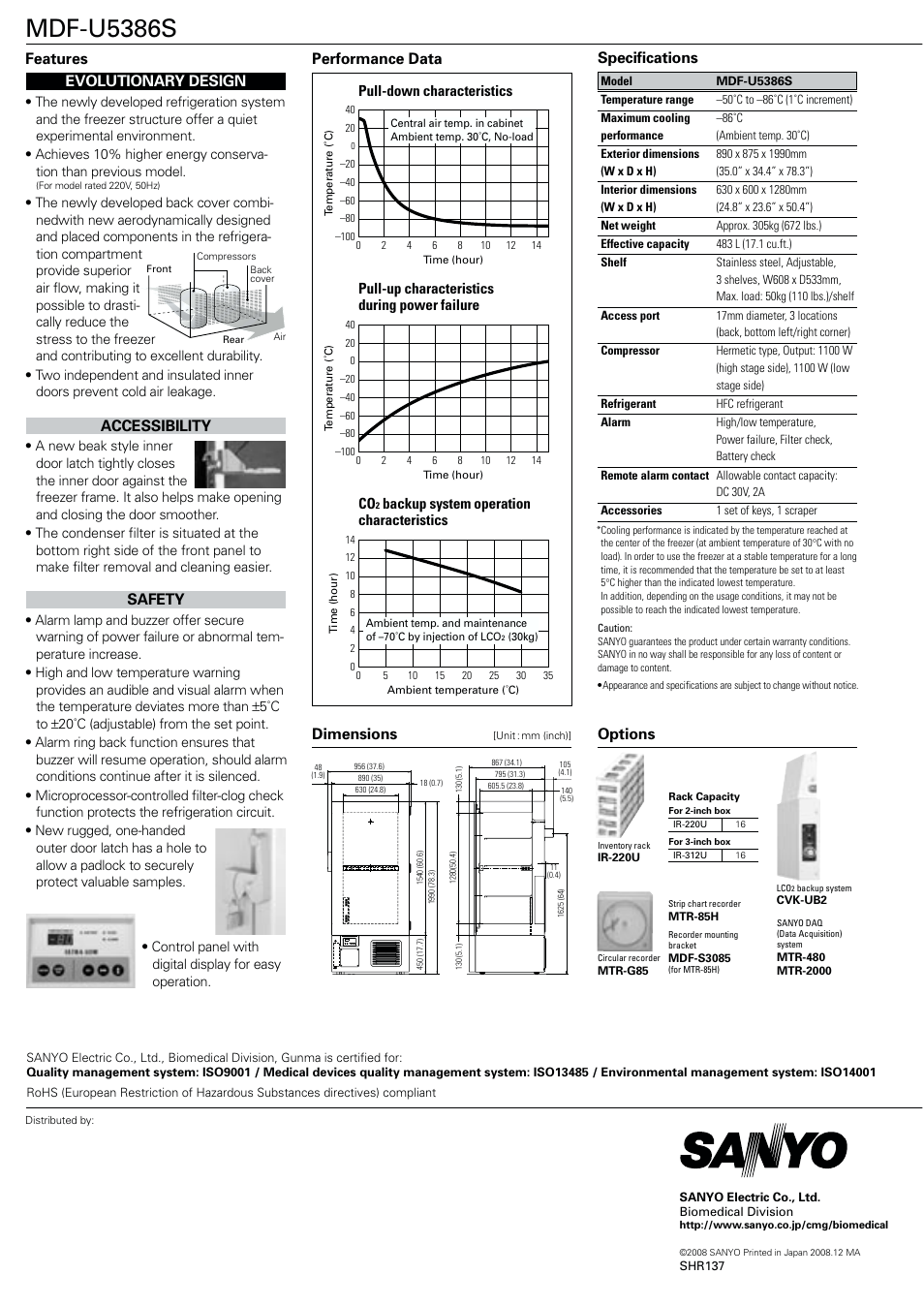 Mdf-u5386s, Dimensions, Specifications | Accessibility, Performance data safety, Evolutionary design, Options, Features, Pull-down characteristics, Pull-up characteristics during power failure | Sanyo MDF-U5386S User Manual | Page 2 / 2