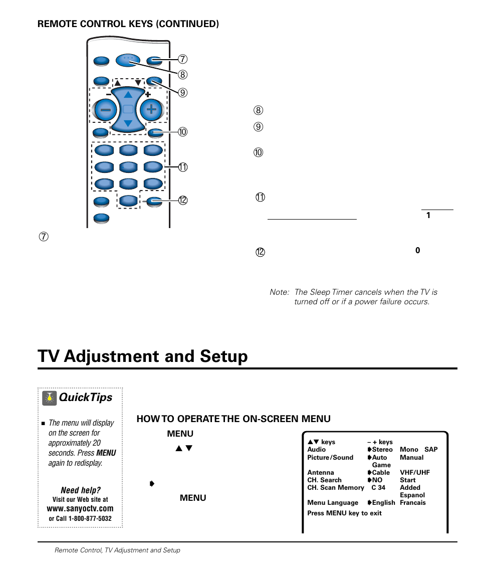 Tv adjustment and setup, Quicktips | Sanyo DS20424 User Manual | Page 10 / 52