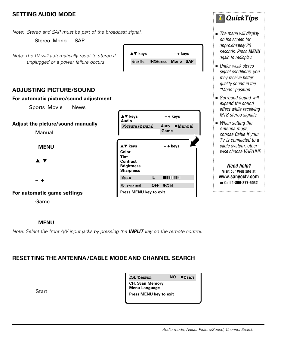 Quicktips, 11 setting audio mode, Adjusting picture/sound | Choose stereo, mono, or sap from the audio options, Need help | Sanyo DS20424 User Manual | Page 11 / 52