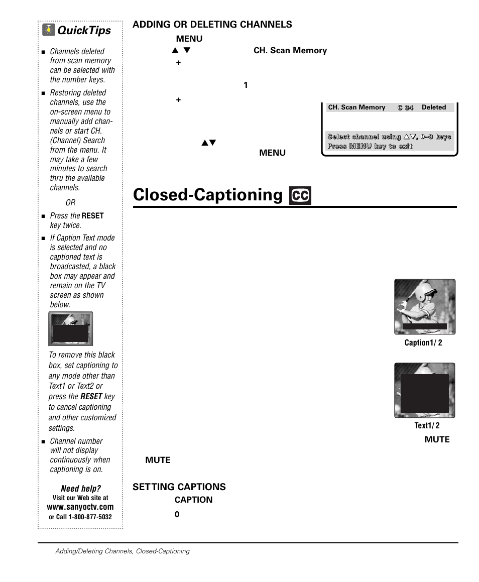 Closed-captioning, Quicktips, Adding or deleting channels | Setting captions | Sanyo DS20424 User Manual | Page 12 / 52