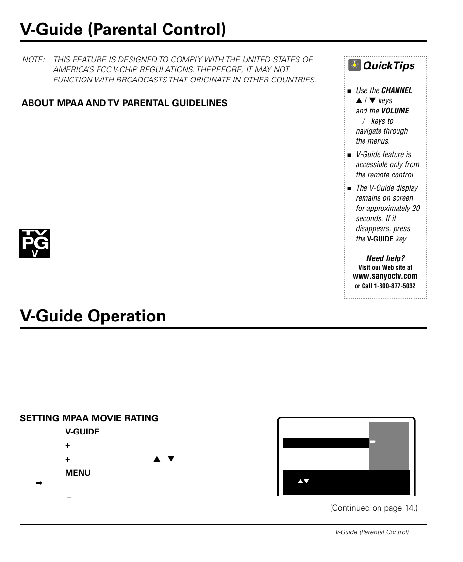 V-guide (parental control) v-guide operation, Quicktips | Sanyo DS20424 User Manual | Page 13 / 52