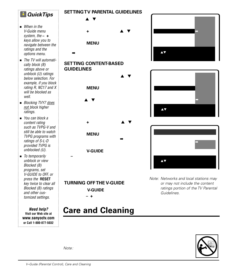 Care and cleaning, Quicktips | Sanyo DS20424 User Manual | Page 14 / 52