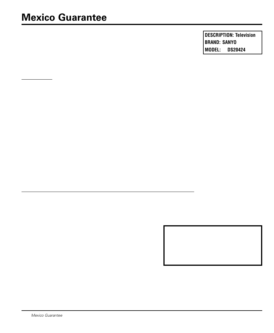 Mexico guarantee | Sanyo DS20424 User Manual | Page 16 / 52