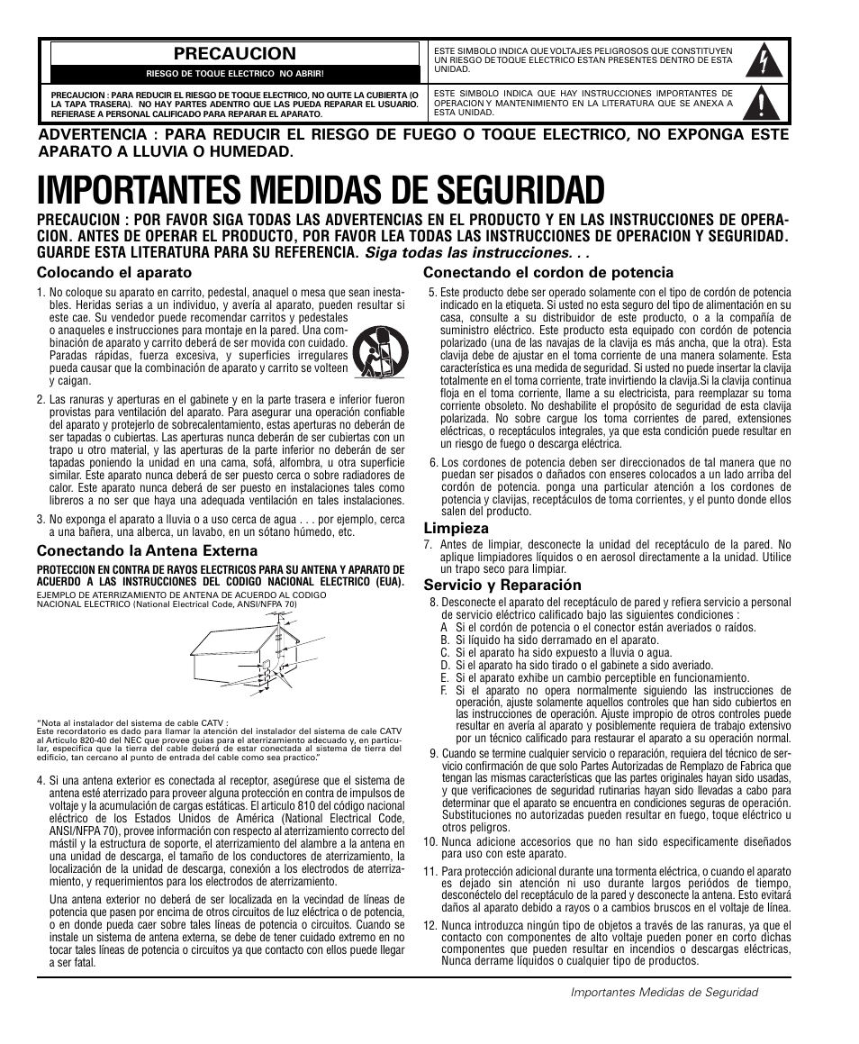 Importantes medidas de seguridad, 19 precaucion, Conectando la antena externa | Conectando el cordon de potencia, Limpieza, Servicio y reparación | Sanyo DS20424 User Manual | Page 19 / 52