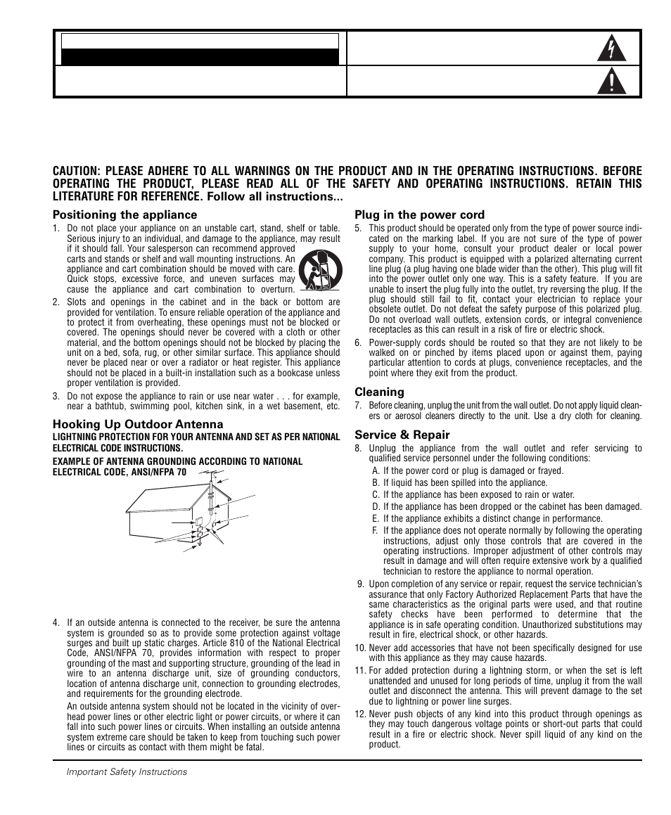 Important safety instructions, Caution, Positioning the appliance | Hooking up outdoor antenna, Plug in the power cord, Cleaning, Service & repair | Sanyo DS20424 User Manual | Page 2 / 52