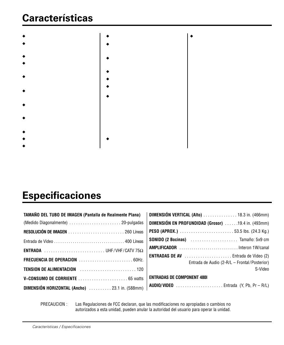 Características especificaciones | Sanyo DS20424 User Manual | Page 20 / 52