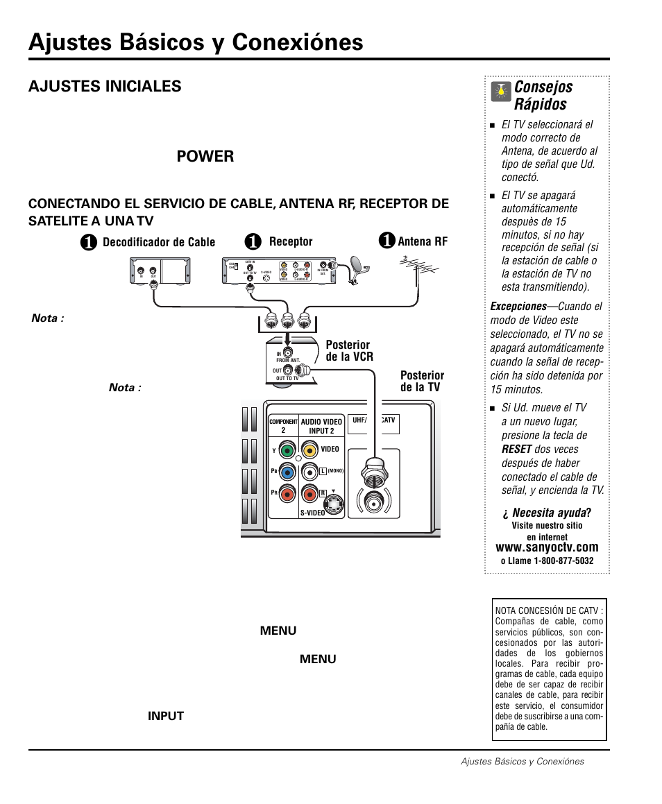 Ajustes básicos y conexiónes, Consejos rápidos, Sugerencia de operación para conexión sin señal | Necesita ayuda, Decodificador de cable, Receptor, Posterior de la tv, Antena rf, Posterior de la vcr | Sanyo DS20424 User Manual | Page 21 / 52