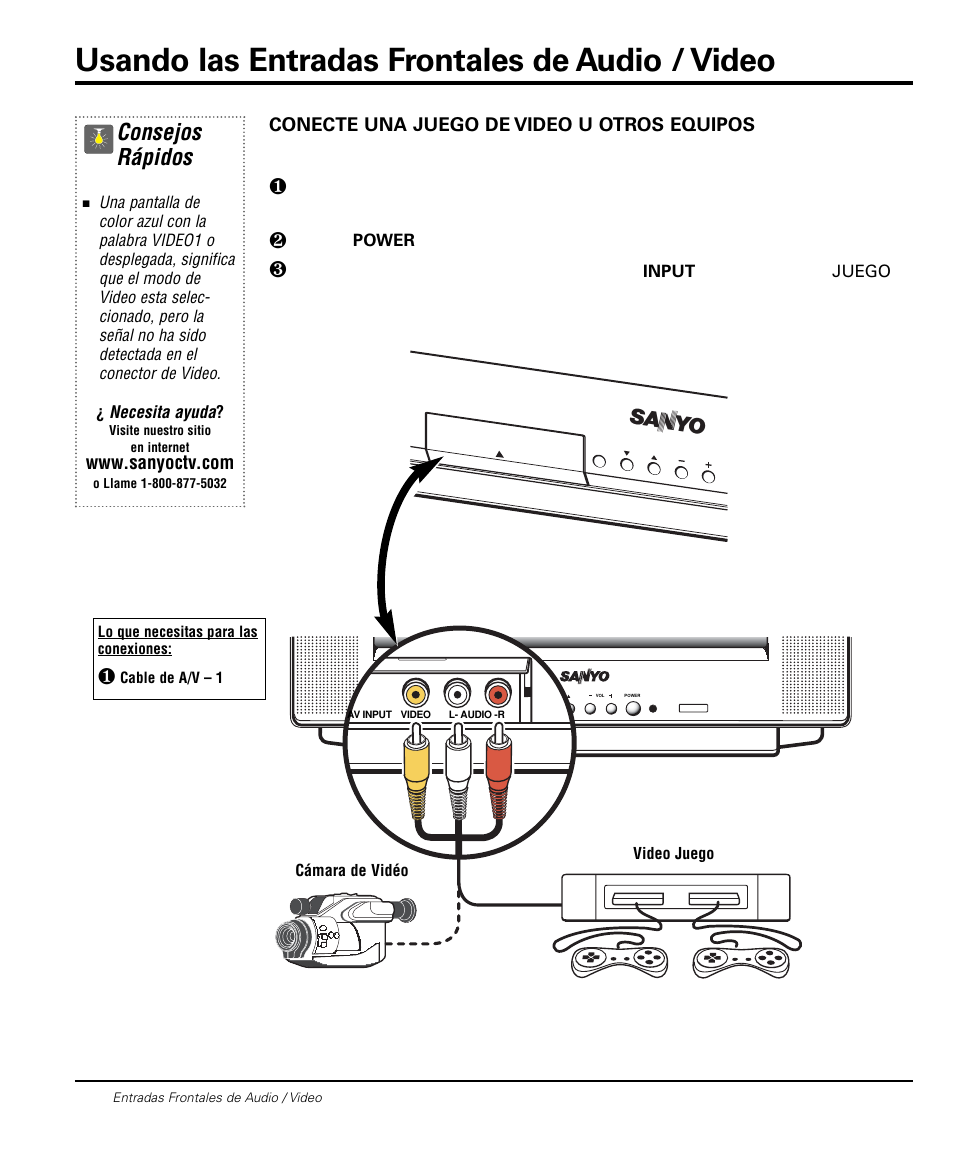 Usando las entradas frontales de audio / video, Consejos rápidos, Conecte una juego de video u otros equipos | Levante aqui para abrir | Sanyo DS20424 User Manual | Page 24 / 52
