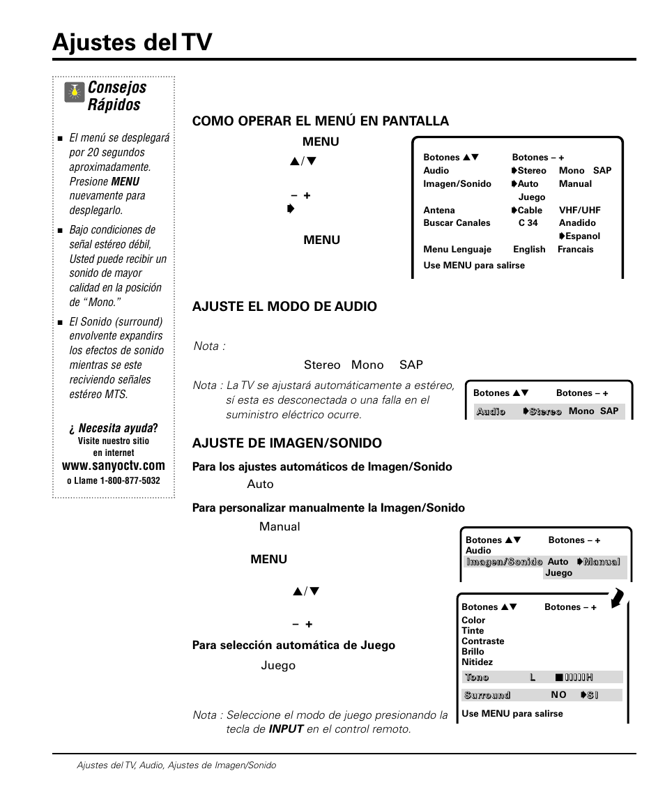 Ajustes del tv, Consejos rápidos, Como operar el menú en pantalla | Ajuste el modo de audio, Ajuste de imagen/sonido | Sanyo DS20424 User Manual | Page 28 / 52