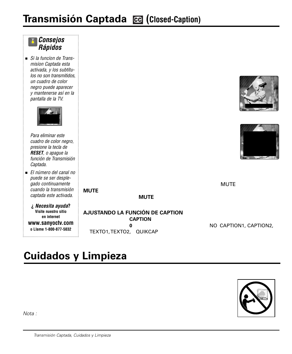 Cuidados y limpieza transmisión captada, Closed-caption), Consejos rápidos | Sanyo DS20424 User Manual | Page 32 / 52