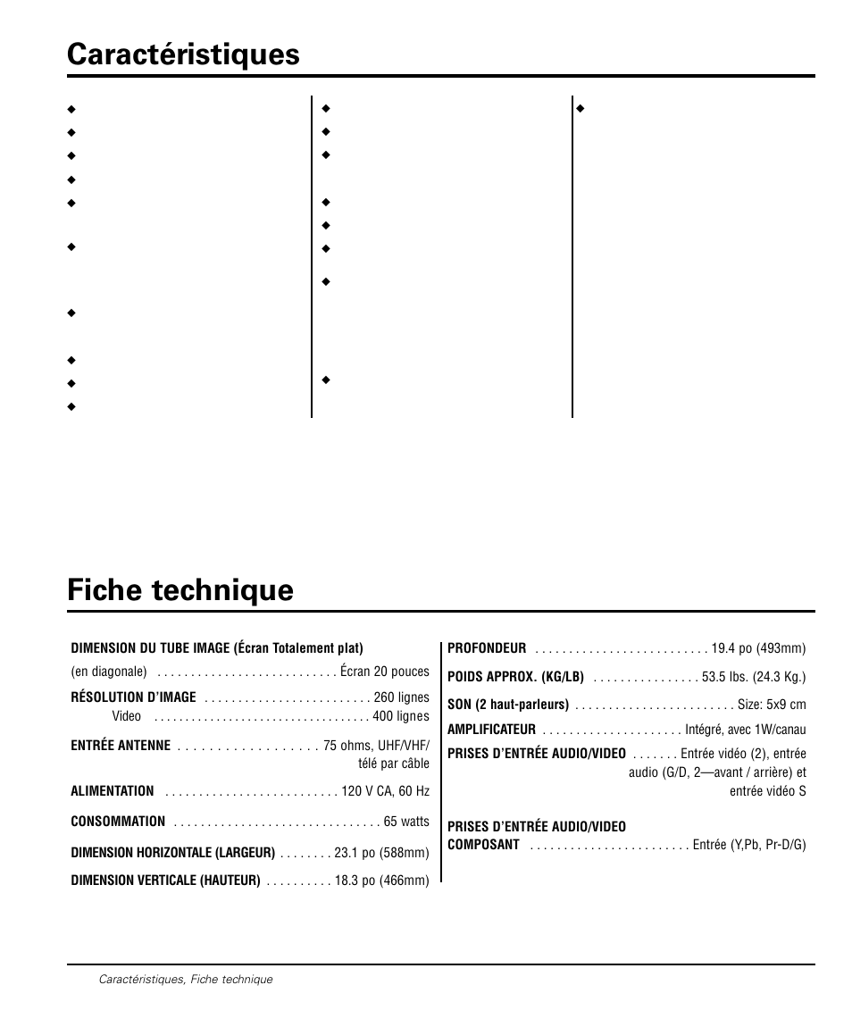 Caractéristiques fiche technique | Sanyo DS20424 User Manual | Page 38 / 52