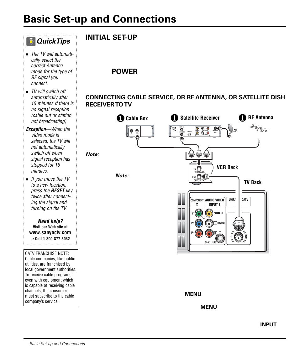 Basic set-up and connections, Quicktips, Operational tip for no signal connection | Need help, Cable box rf antenna satellite receiver tv back, Vcr back | Sanyo DS20424 User Manual | Page 4 / 52