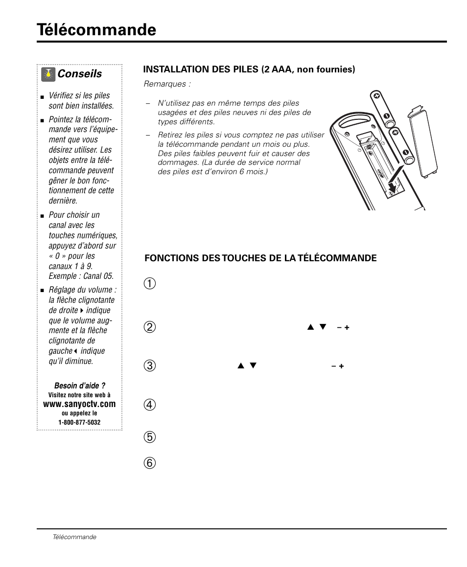 Télécommande, Conseils | Sanyo DS20424 User Manual | Page 44 / 52