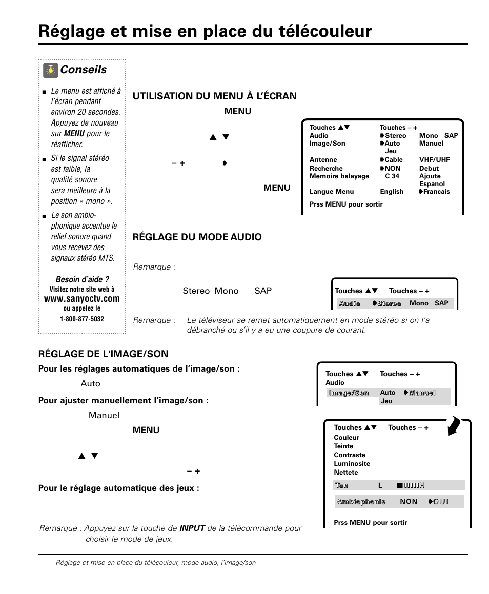 Réglage et mise en place du télécouleur, Conseils, Utilisation du menu à l’écran | Réglage du mode audio, Réglage de l'image/son | Sanyo DS20424 User Manual | Page 46 / 52