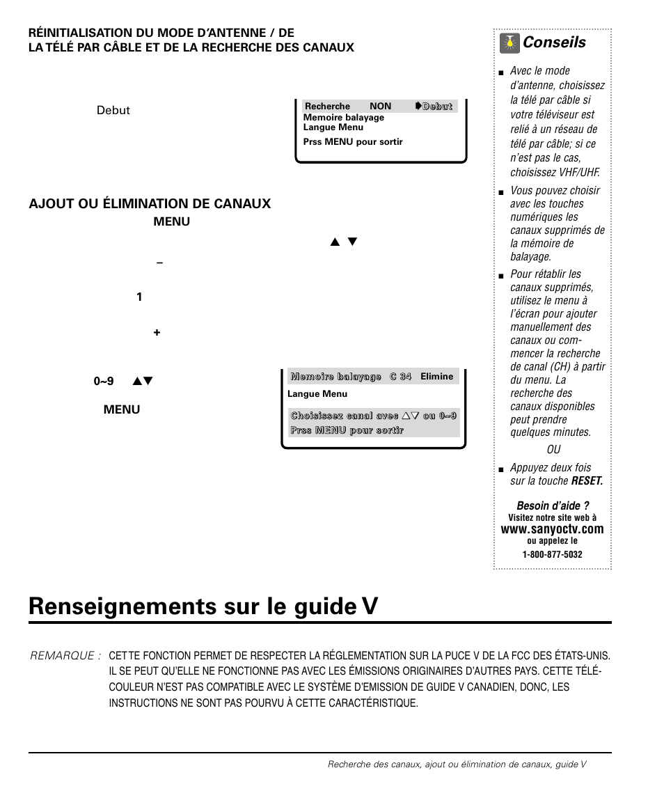 Renseignements sur le guide v, Conseils, Ajout ou élimination de canaux | Besoin d’aide | Sanyo DS20424 User Manual | Page 47 / 52