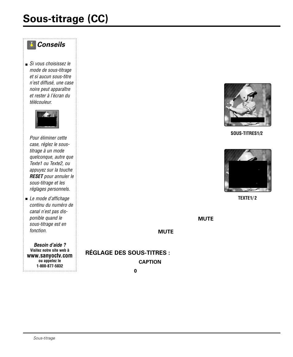 Sous-titrage (cc), Conseils, Réglage des sous-titres | Sanyo DS20424 User Manual | Page 48 / 52