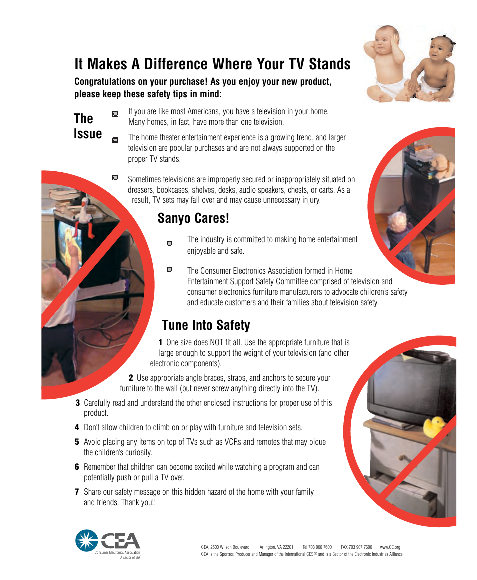 Child safety, It makes a difference where your tv stands, The issue sanyo cares! tune into safety | Sanyo cares, Tune into safety, The issue | Sanyo DS20424 User Manual | Page 52 / 52
