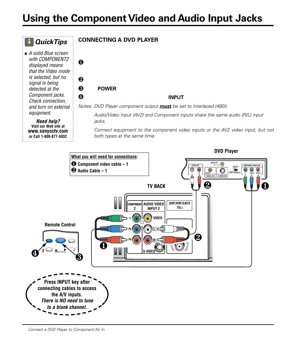 Using the component video and audio input jacks, Quicktips, Connecting a dvd player | Sanyo DS20424 User Manual | Page 6 / 52
