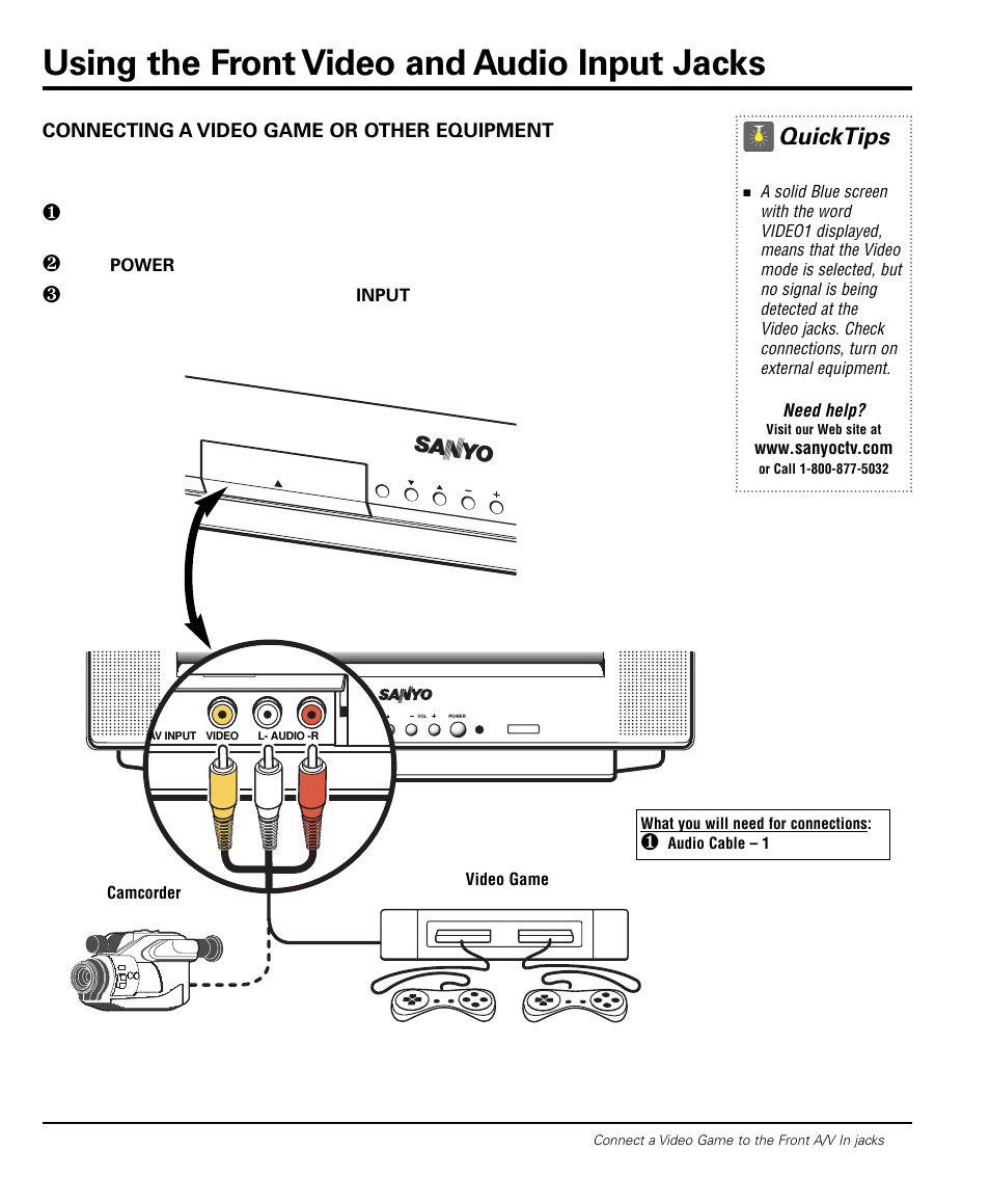 Using the front video and audio input jacks, Quicktips, 7connecting a video game or other equipment | Lift up here to open | Sanyo DS20424 User Manual | Page 7 / 52