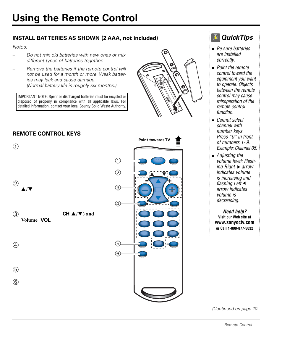Using the remote control, Quicktips | Sanyo DS20424 User Manual | Page 9 / 52