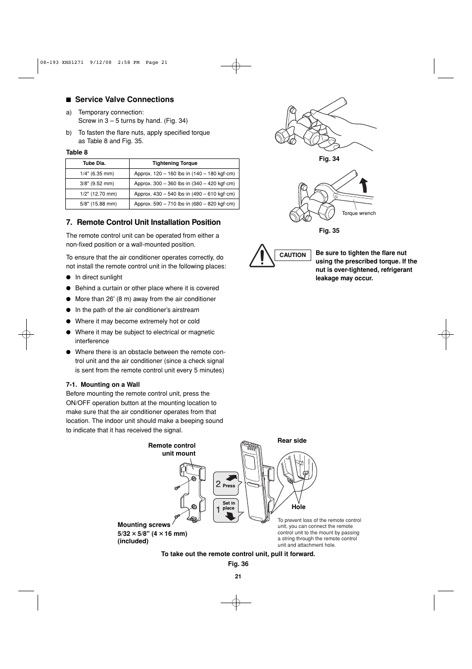 Remote control unit installation position, Service valve connections | Sanyo DC Inverter Split System XHS1271 User Manual | Page 106 / 123