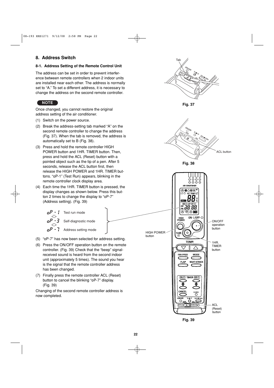 Address switch | Sanyo DC Inverter Split System XHS1271 User Manual | Page 107 / 123