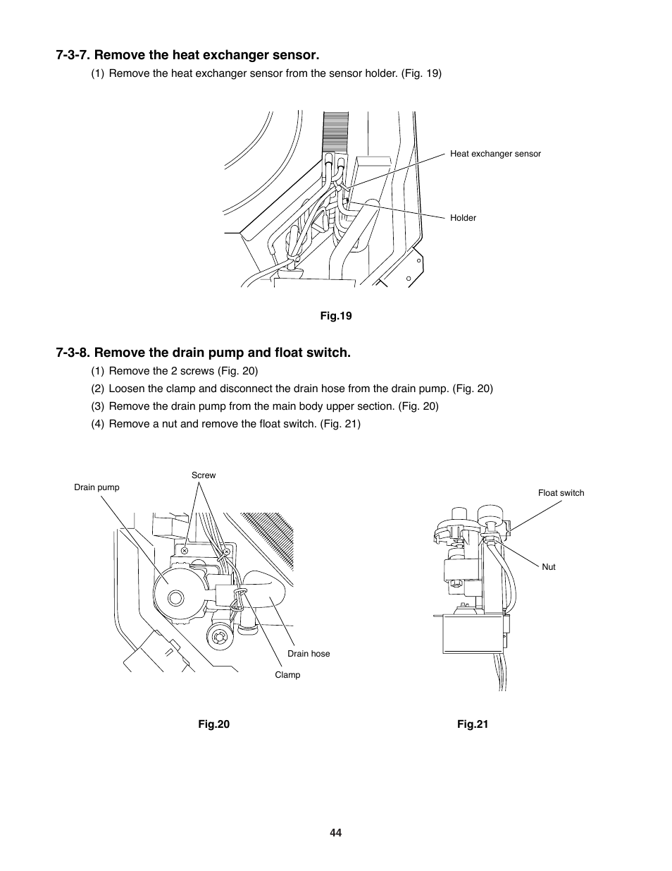 3-7. remove the heat exchanger sensor, 3-8. remove the drain pump and float switch | Sanyo DC Inverter Split System XHS1271 User Manual | Page 44 / 123