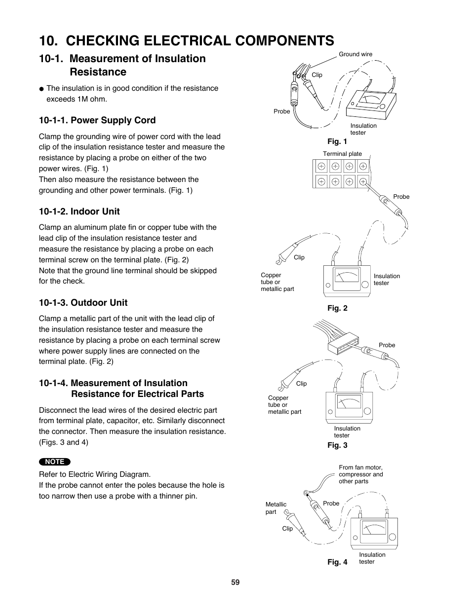 Checking electrical components, 1. measurement of insulation resistance, 1-1. power supply cord | 1-2. indoor unit, 1-3. outdoor unit | Sanyo DC Inverter Split System XHS1271 User Manual | Page 59 / 123