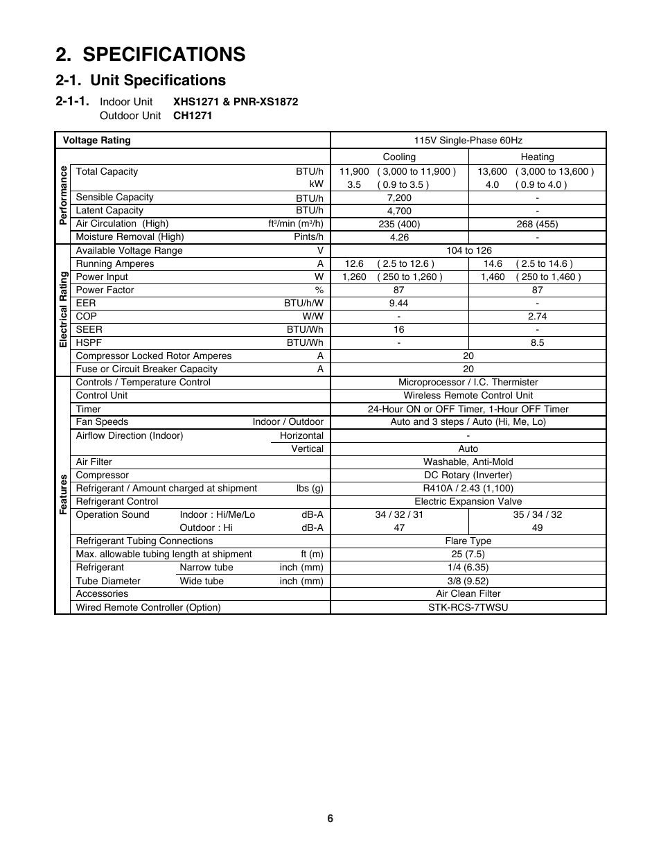 Specifications, 1. unit specifications | Sanyo DC Inverter Split System XHS1271 User Manual | Page 6 / 123