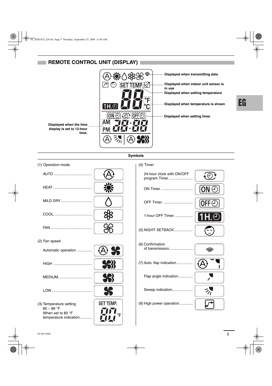 Remote control unit (display) | Sanyo DC Inverter Split System XHS1271 User Manual | Page 73 / 123