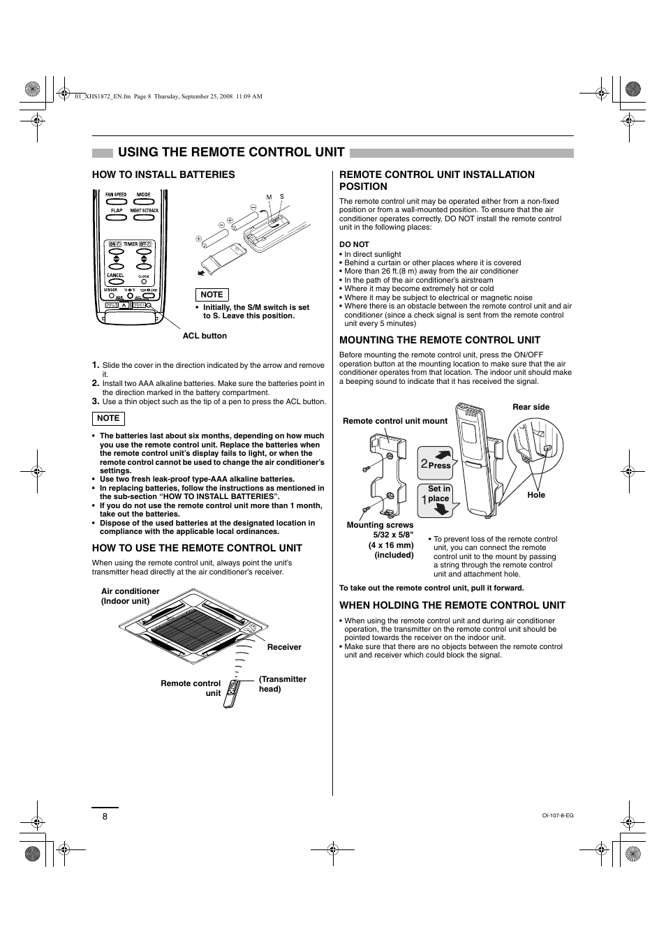 Using the remote control unit | Sanyo DC Inverter Split System XHS1271 User Manual | Page 76 / 123