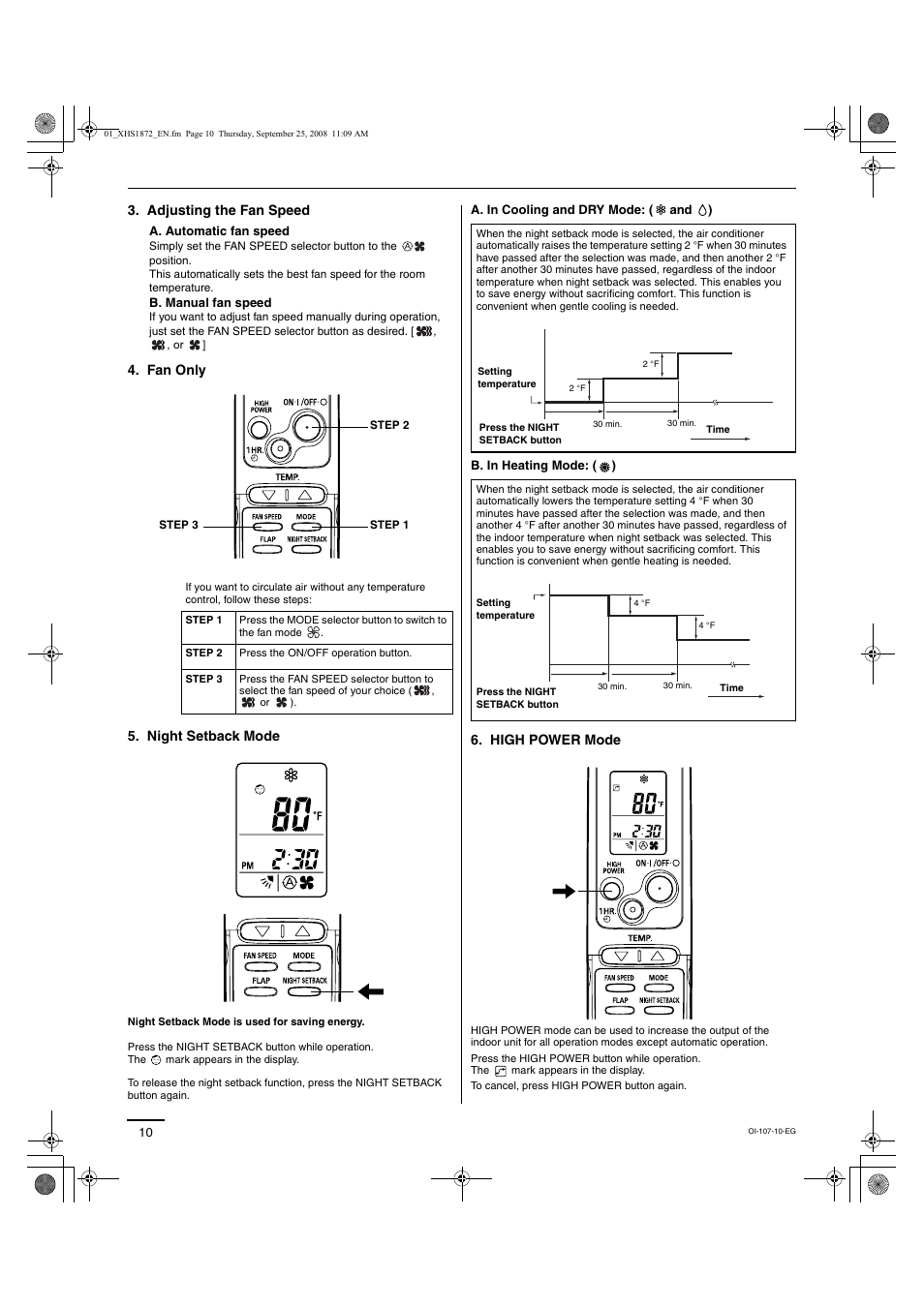 Adjusting the fan speed, Fan only 5. night setback mode, High power mode | Sanyo DC Inverter Split System XHS1271 User Manual | Page 78 / 123