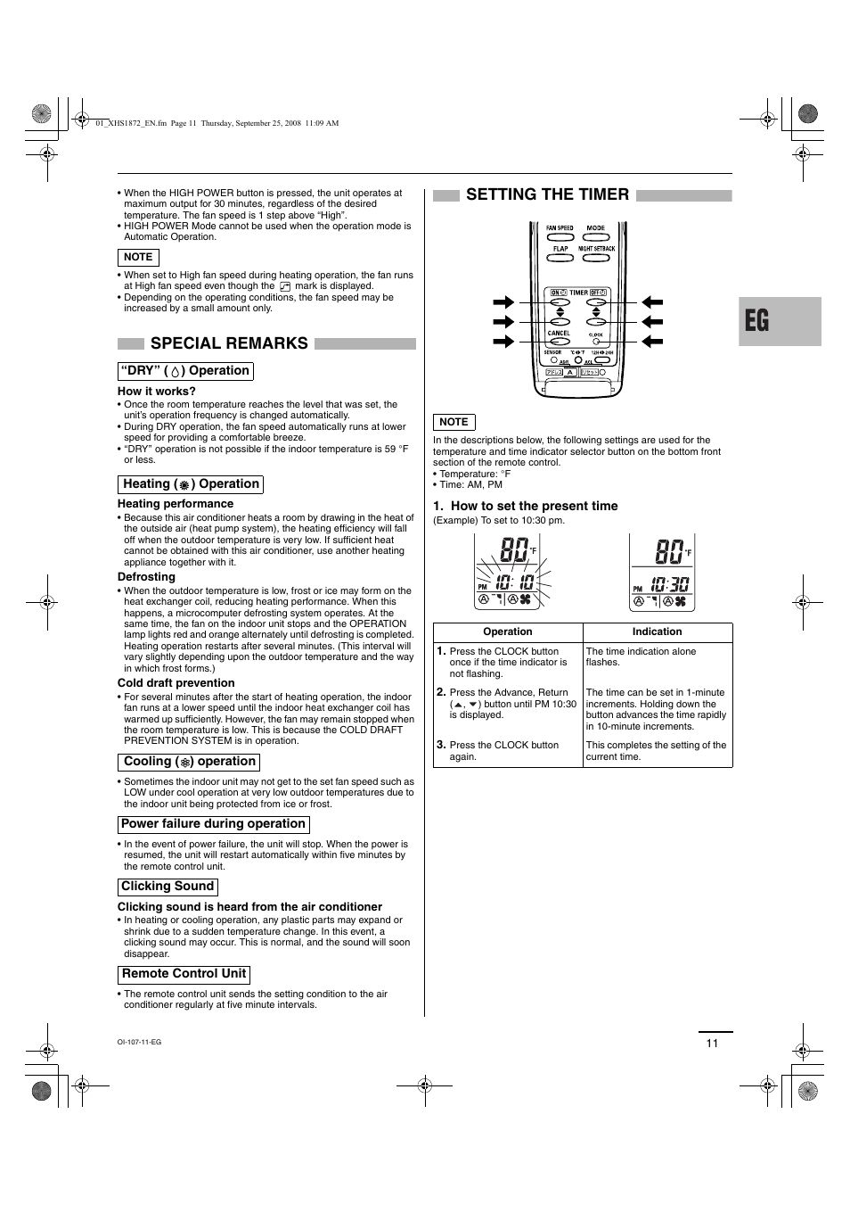 Special remarks, Setting the timer | Sanyo DC Inverter Split System XHS1271 User Manual | Page 79 / 123
