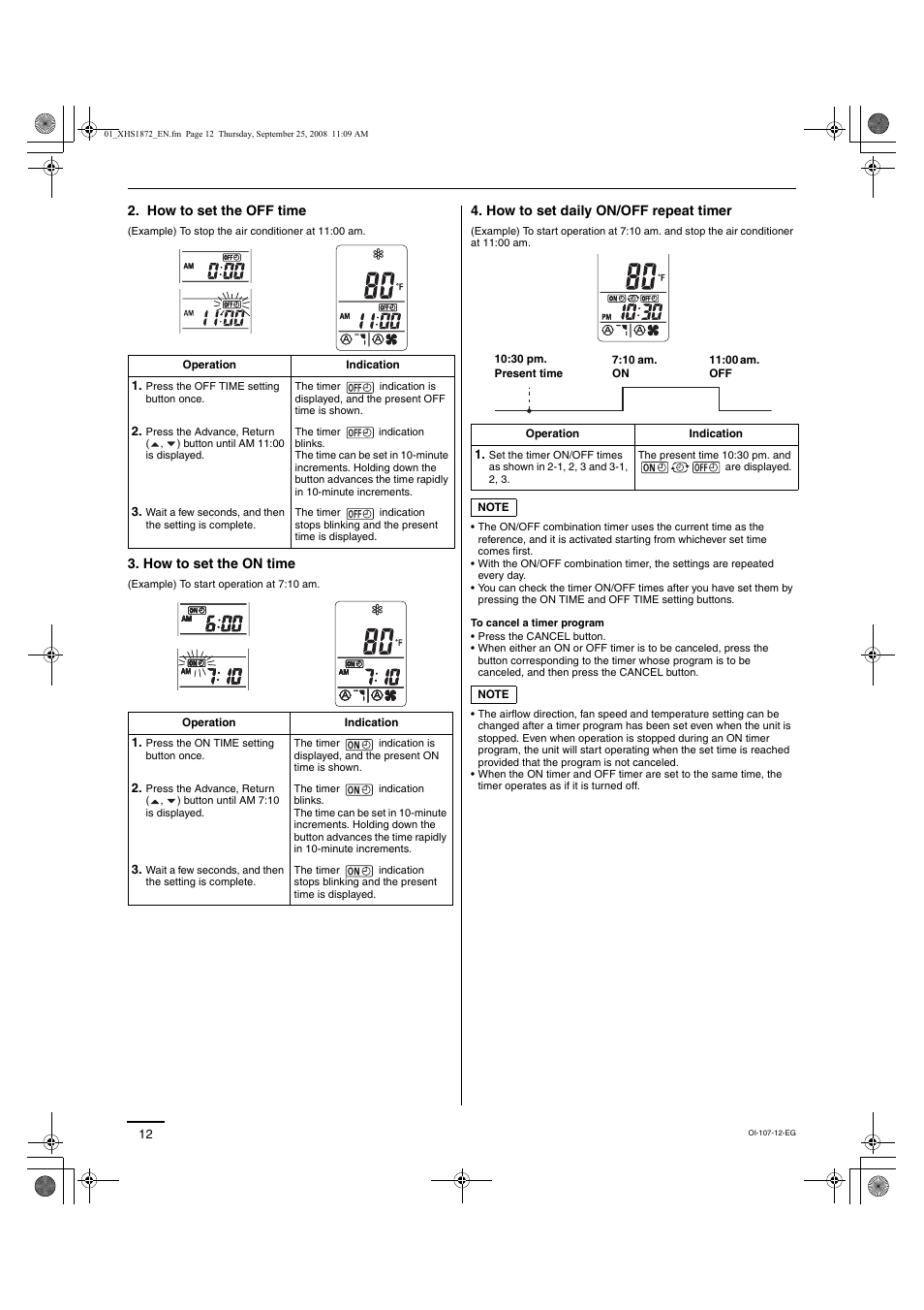 How to set the off time, How to set the on time, How to set daily on/off repeat timer | Sanyo DC Inverter Split System XHS1271 User Manual | Page 80 / 123