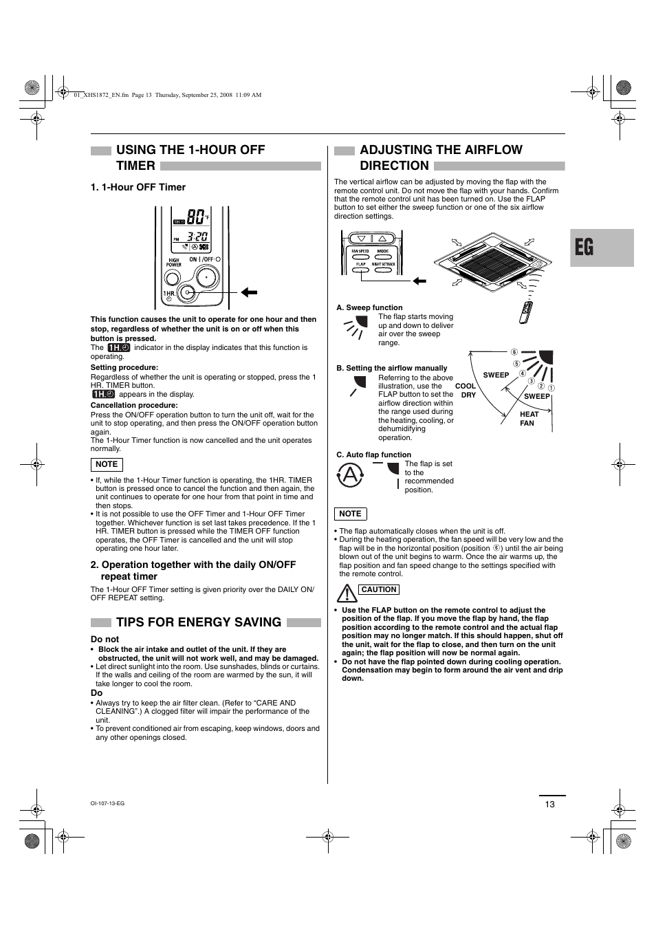 Using the 1-hour off timer, Tips for energy saving, Adjusting the airflow direction | Sanyo DC Inverter Split System XHS1271 User Manual | Page 81 / 123