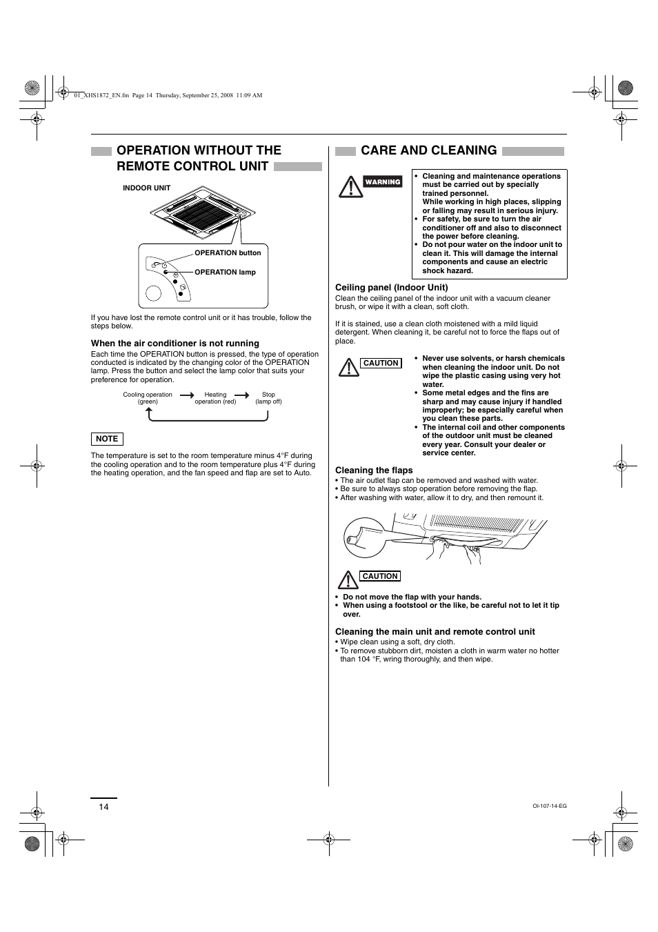 Operation without the remote control unit, Care and cleaning | Sanyo DC Inverter Split System XHS1271 User Manual | Page 82 / 123